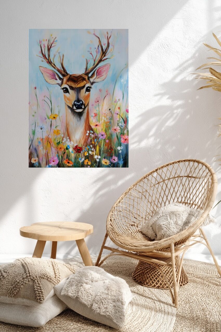Poster mit Hirsch im bunten Blumenfeld, naturalistische Tiermalerei mit fröhlichen Frühlingsfarben