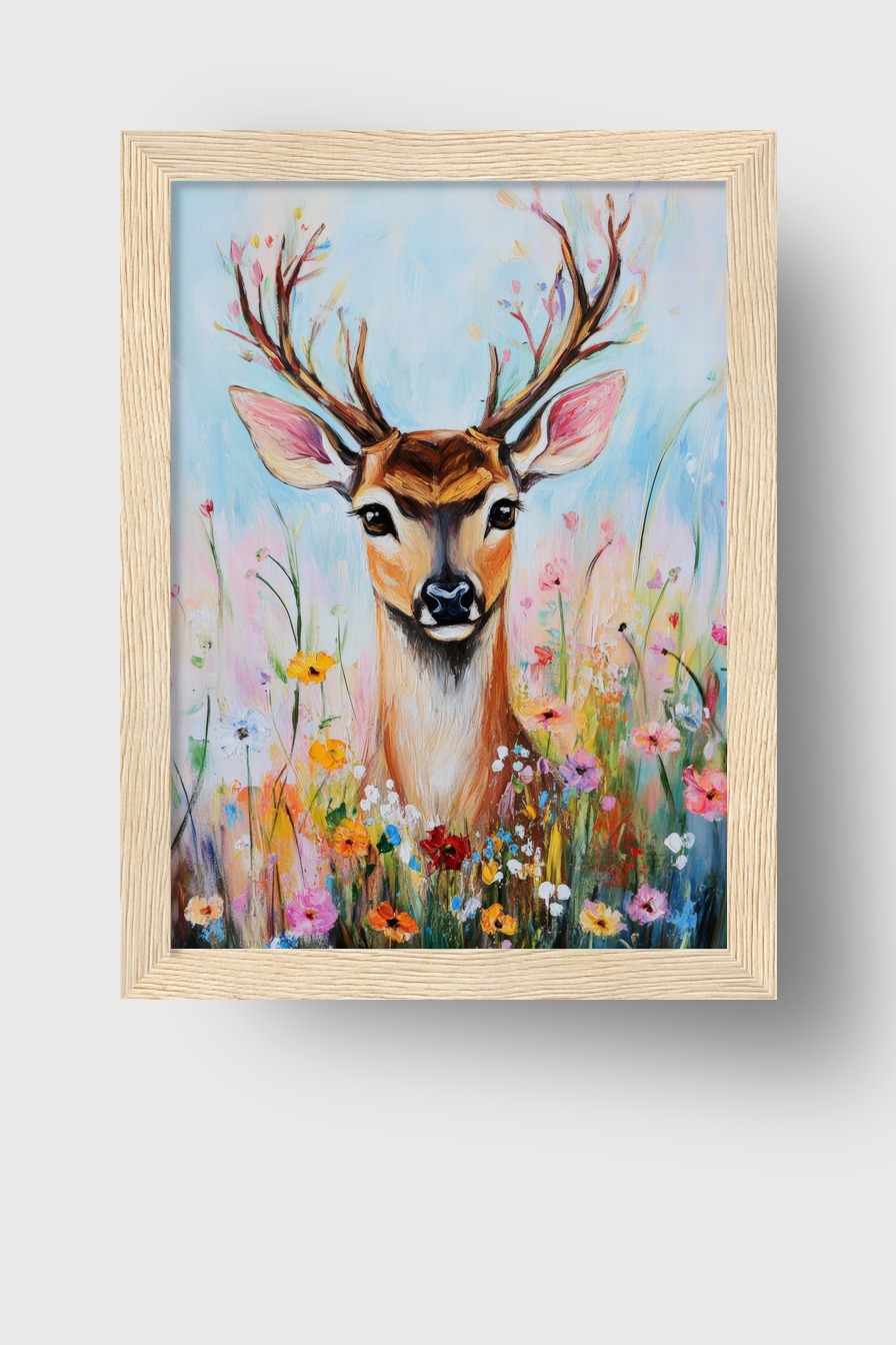 Poster mit Hirsch im bunten Blumenfeld, naturalistische Tiermalerei mit fröhlichen Frühlingsfarben