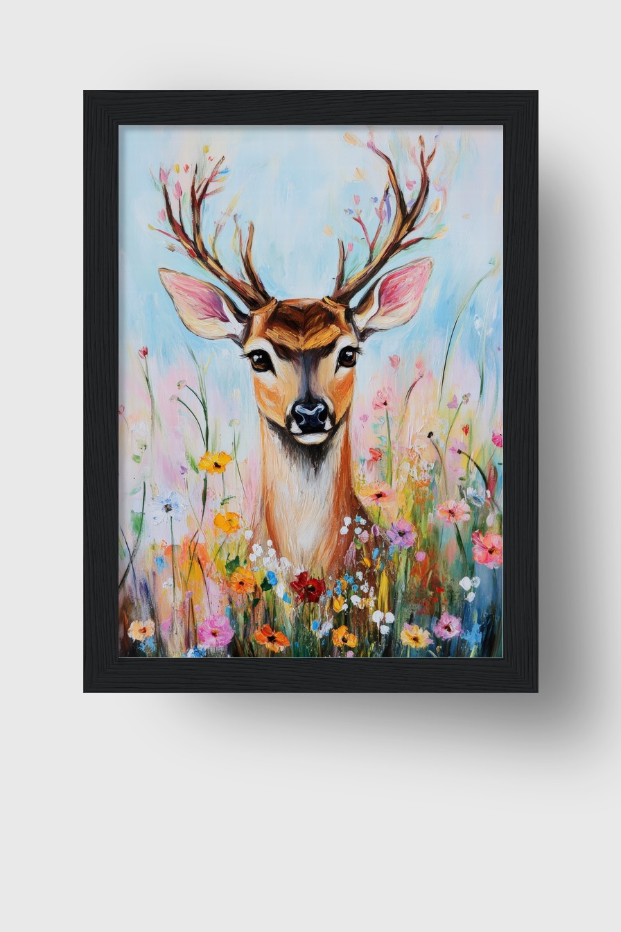 Poster mit Hirsch im bunten Blumenfeld, naturalistische Tiermalerei mit fröhlichen Frühlingsfarben