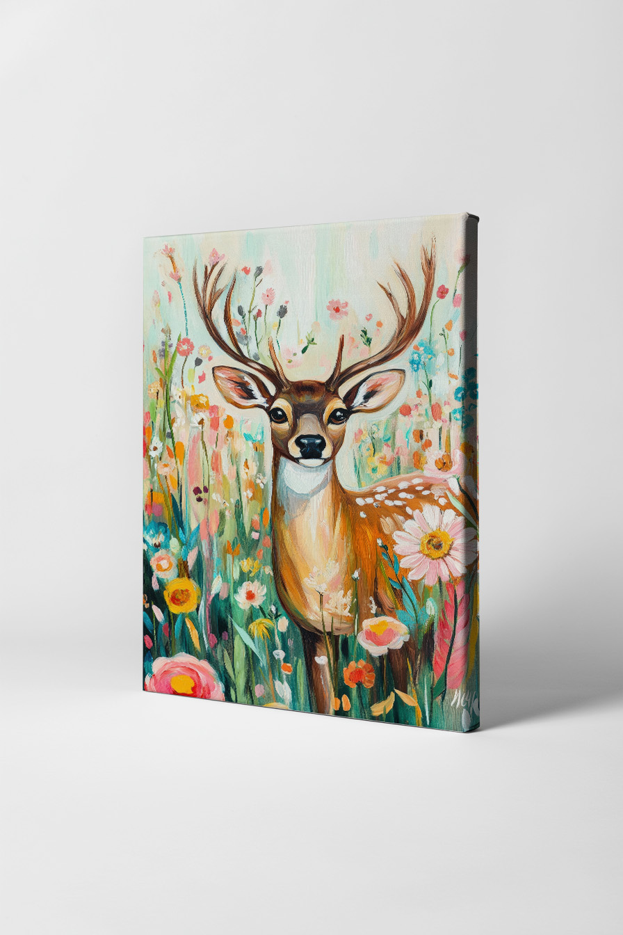 Kunstdruck mit Reh in bunter Blumenwiese, frühlingshafte Tierdarstellung mit floralen Elementen auf halbmattem Papier