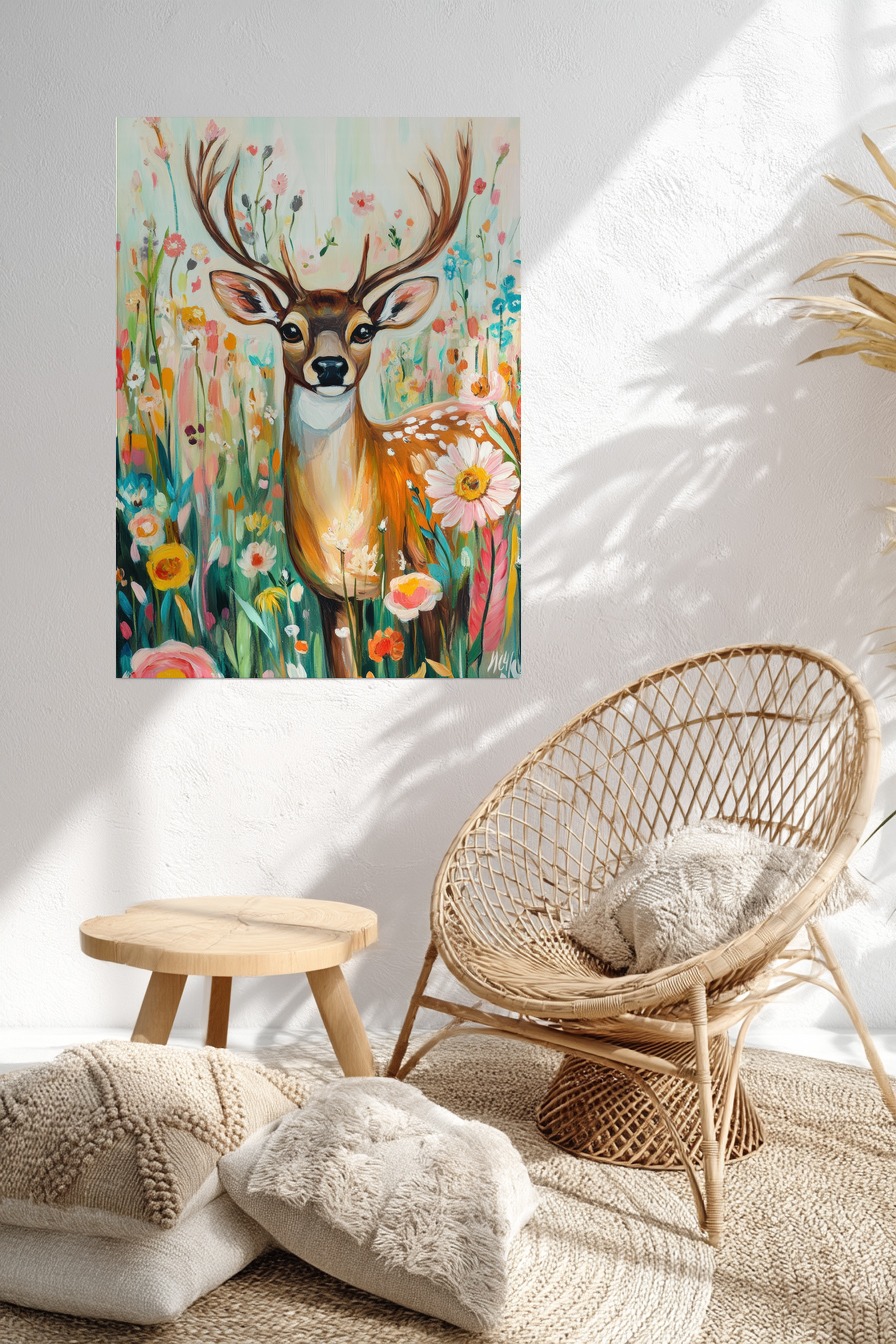 Kunstdruck mit Reh in bunter Blumenwiese, frühlingshafte Tierdarstellung mit floralen Elementen auf halbmattem Papier
