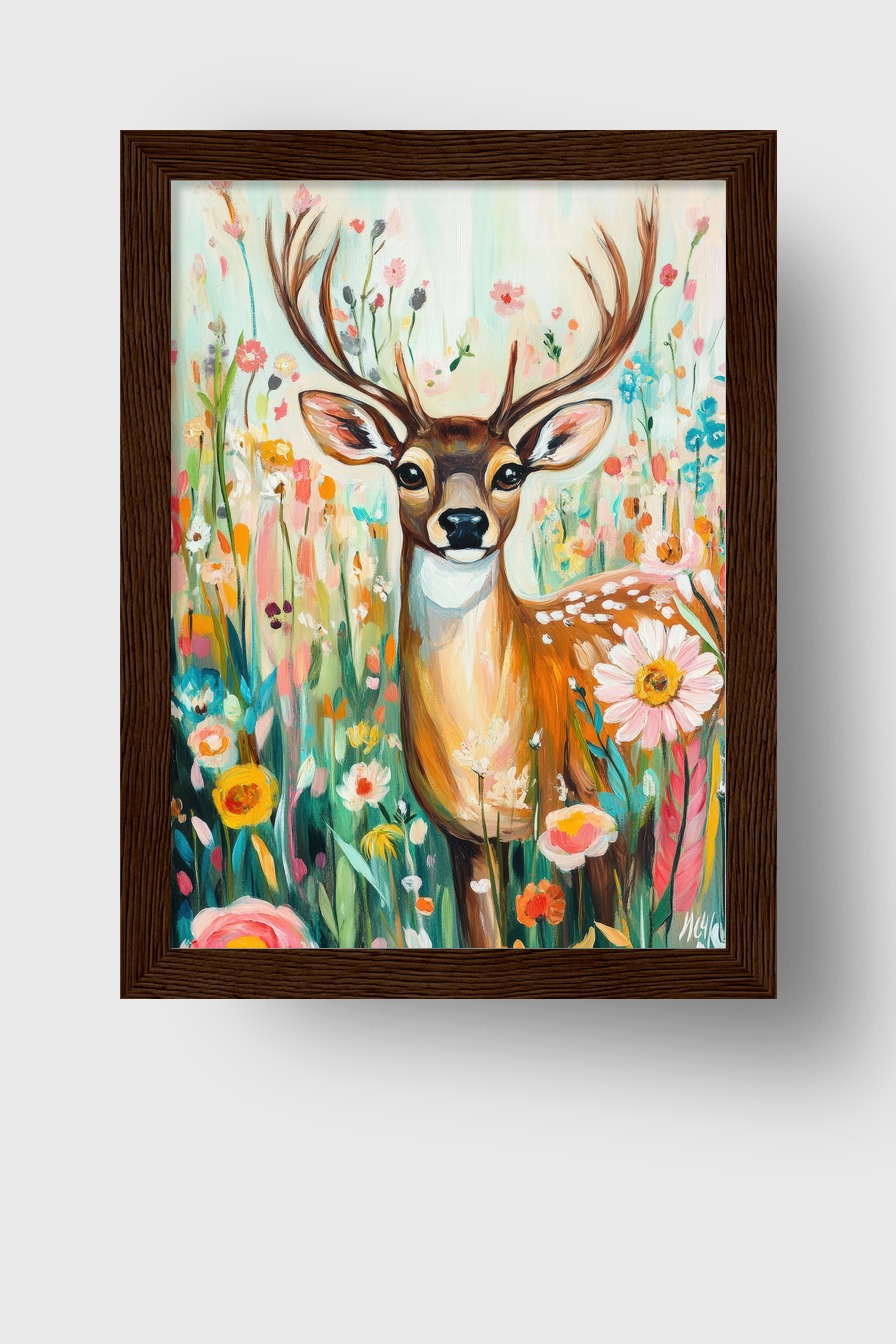Kunstdruck mit Reh in bunter Blumenwiese, frühlingshafte Tierdarstellung mit floralen Elementen auf halbmattem Papier