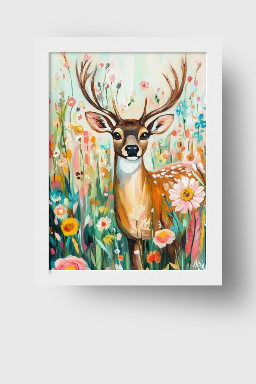 Kunstdruck mit Reh in bunter Blumenwiese, frühlingshafte Tierdarstellung mit floralen Elementen auf halbmattem Papier