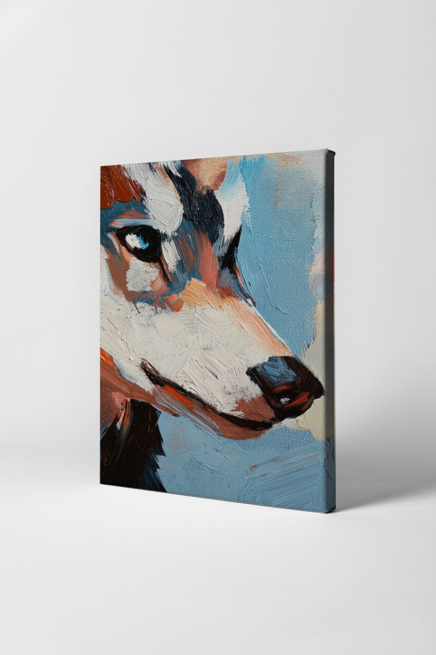 Ölgemälde eines Fuchses in Nahaufnahme mit blauem Hintergrund als Poster und Kunstdruck.