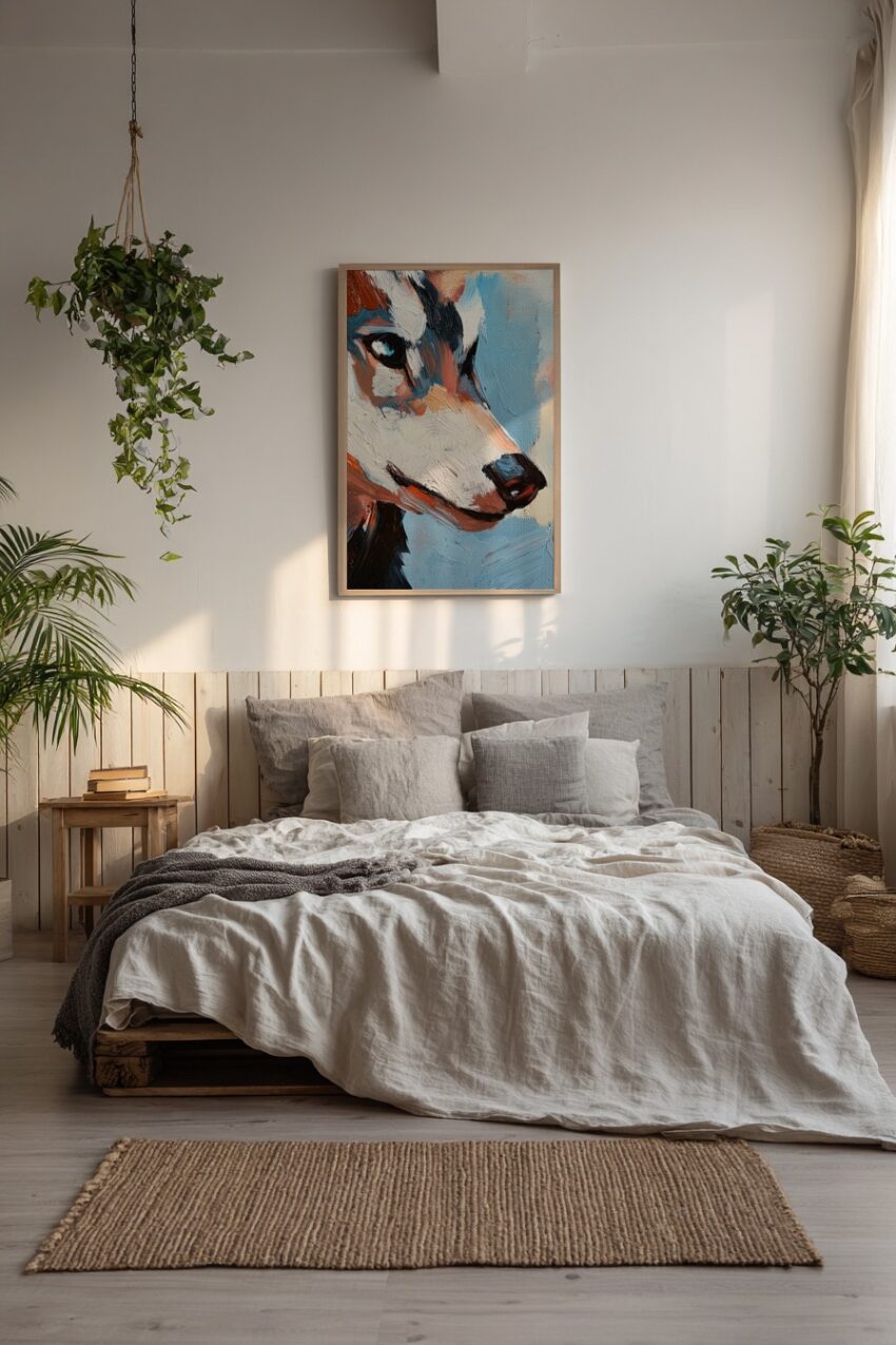 Ölgemälde eines Fuchses in Nahaufnahme mit blauem Hintergrund als Poster und Kunstdruck.