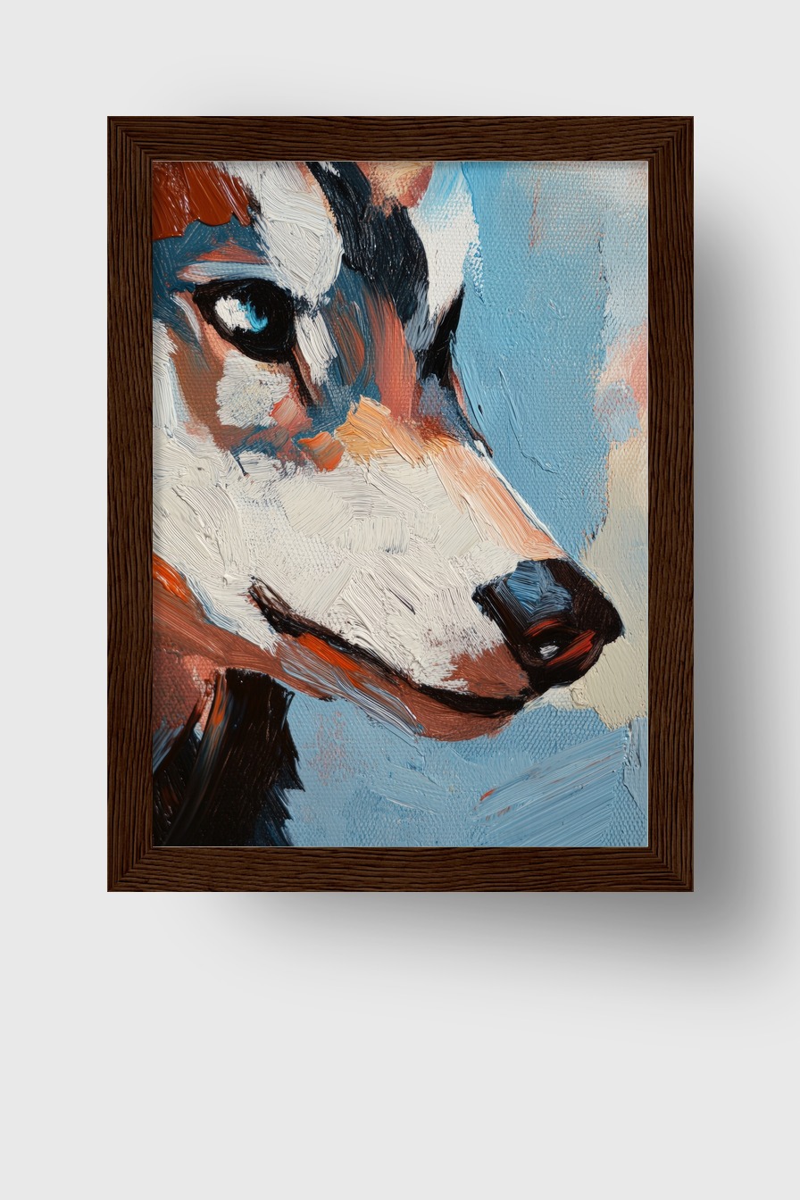 Ölgemälde eines Fuchses in Nahaufnahme mit blauem Hintergrund als Poster und Kunstdruck.