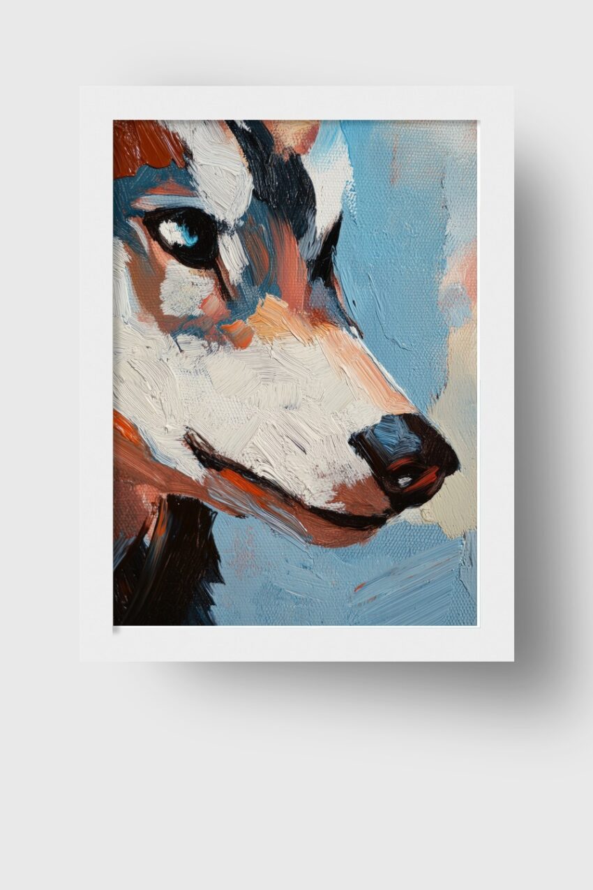 Ölgemälde eines Fuchses in Nahaufnahme mit blauem Hintergrund als Poster und Kunstdruck.