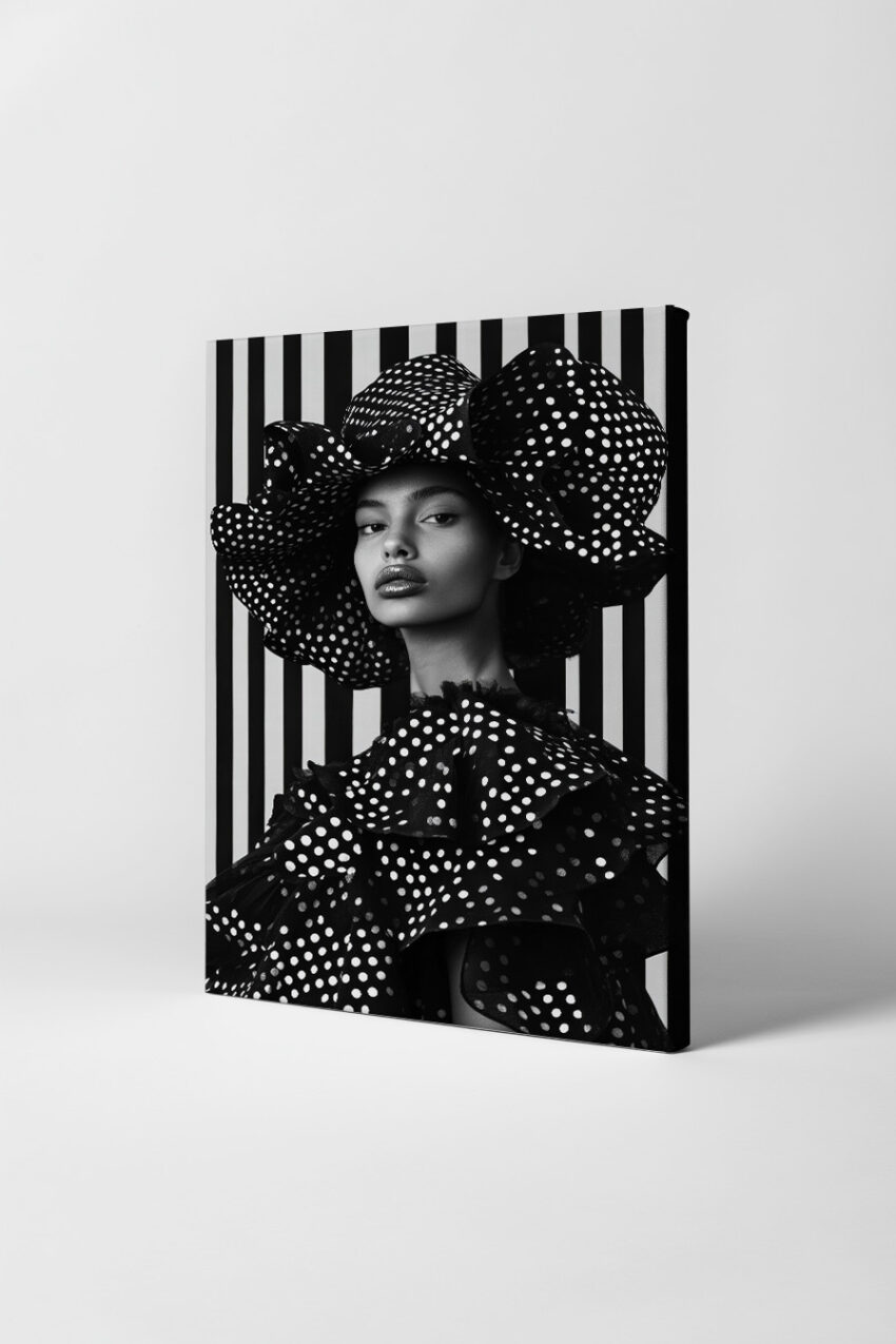 Schwarz-weiß Poster eines Frau-Porträts mit großem Tupfenhut und Tupfenkleidung vor gestreiftem Hintergrund, modischer Kunstdruck in Schwarz und Weiß