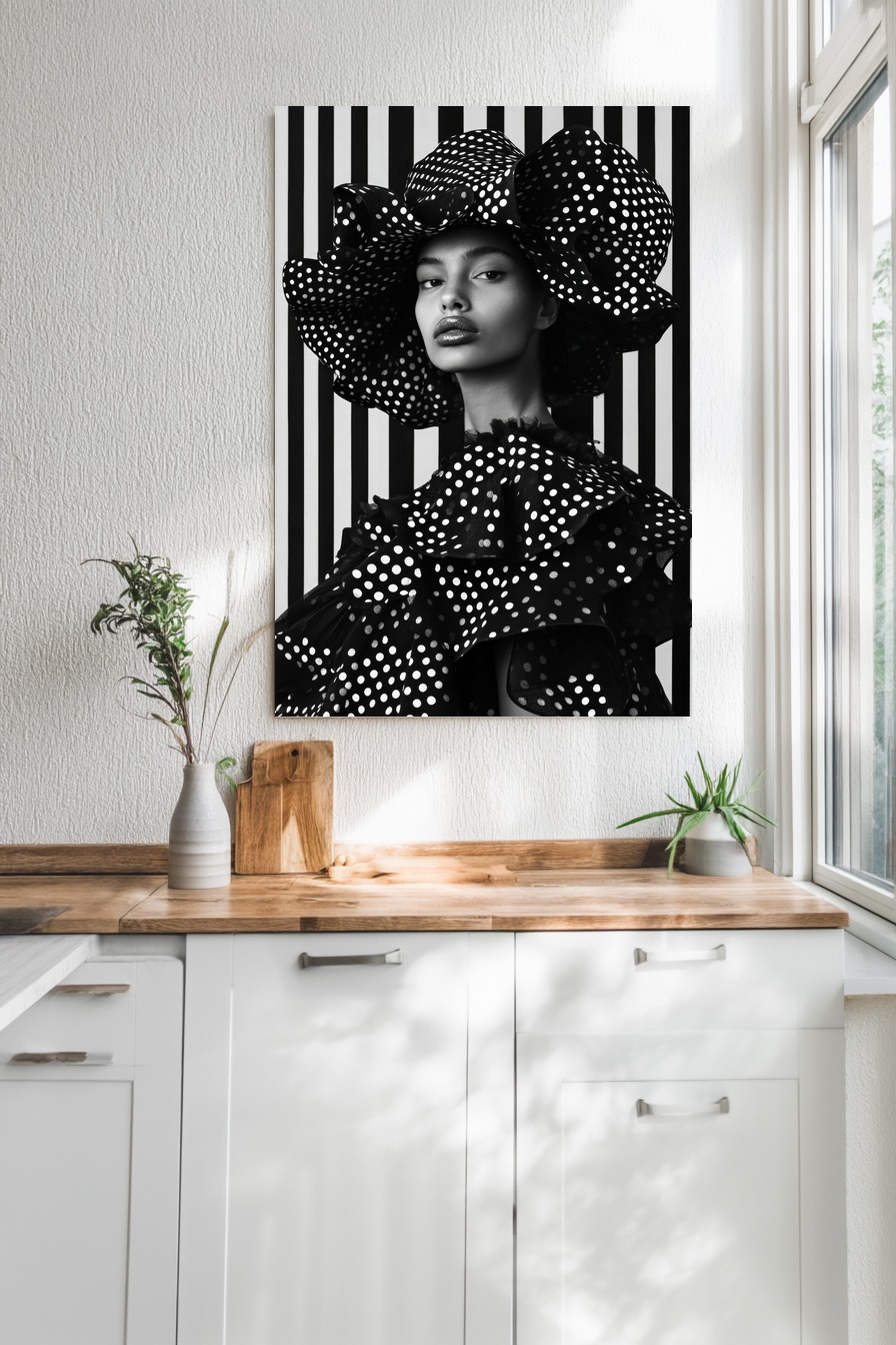 Schwarz-weiß Poster eines Frau-Porträts mit großem Tupfenhut und Tupfenkleidung vor gestreiftem Hintergrund, modischer Kunstdruck in Schwarz und Weiß