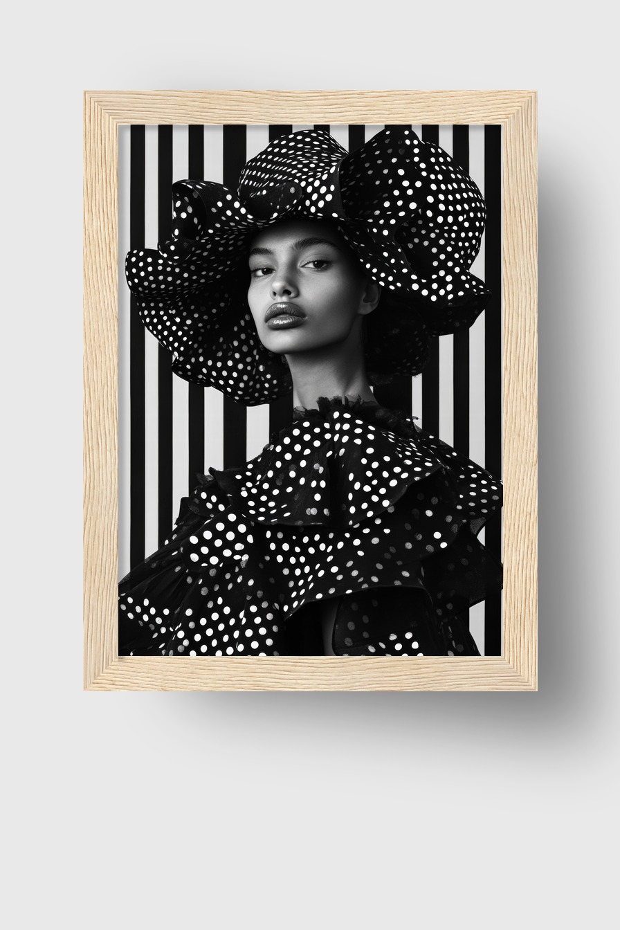 Schwarz-weiß Poster eines Frau-Porträts mit großem Tupfenhut und Tupfenkleidung vor gestreiftem Hintergrund, modischer Kunstdruck in Schwarz und Weiß
