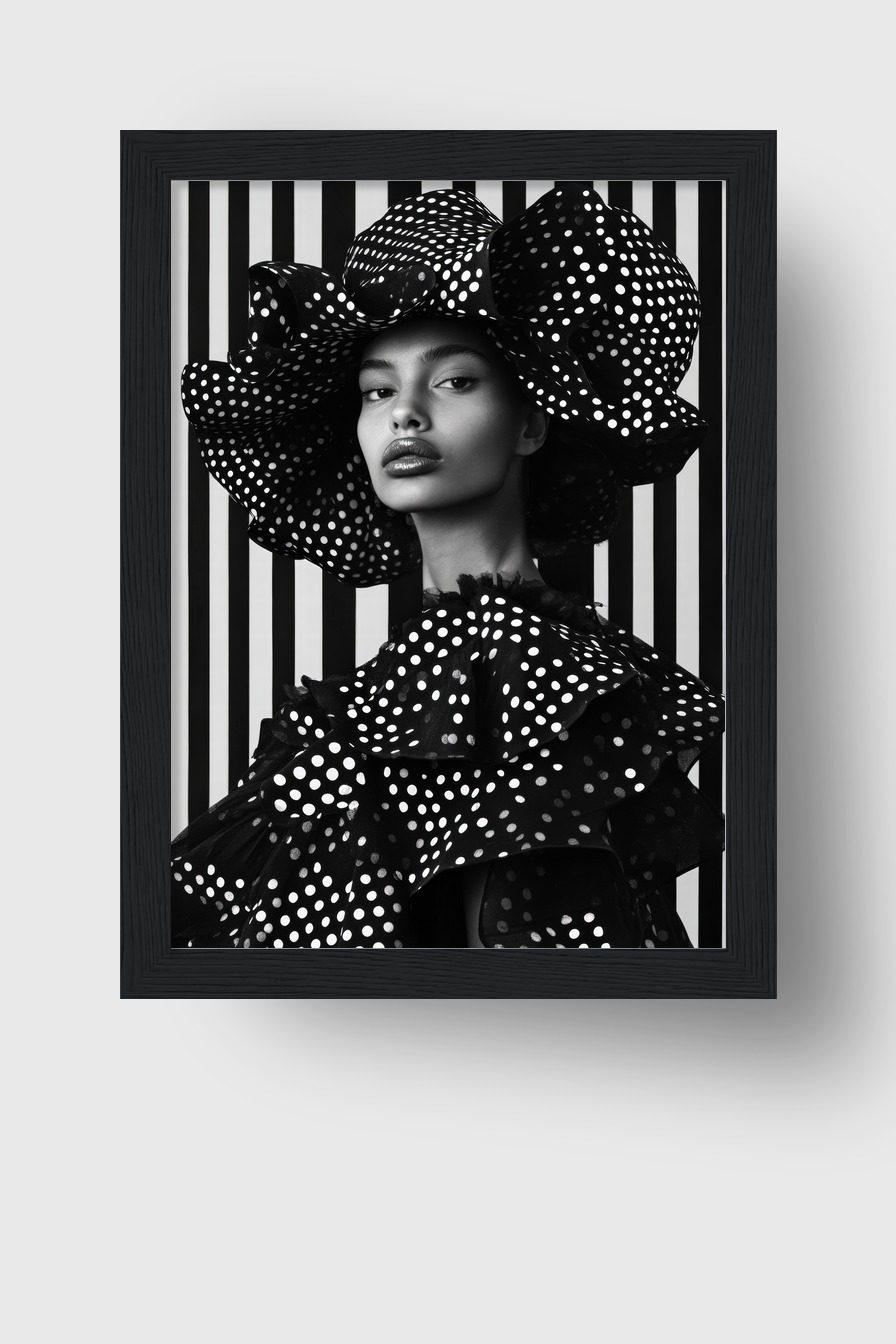 Schwarz-weiß Poster eines Frau-Porträts mit großem Tupfenhut und Tupfenkleidung vor gestreiftem Hintergrund, modischer Kunstdruck in Schwarz und Weiß