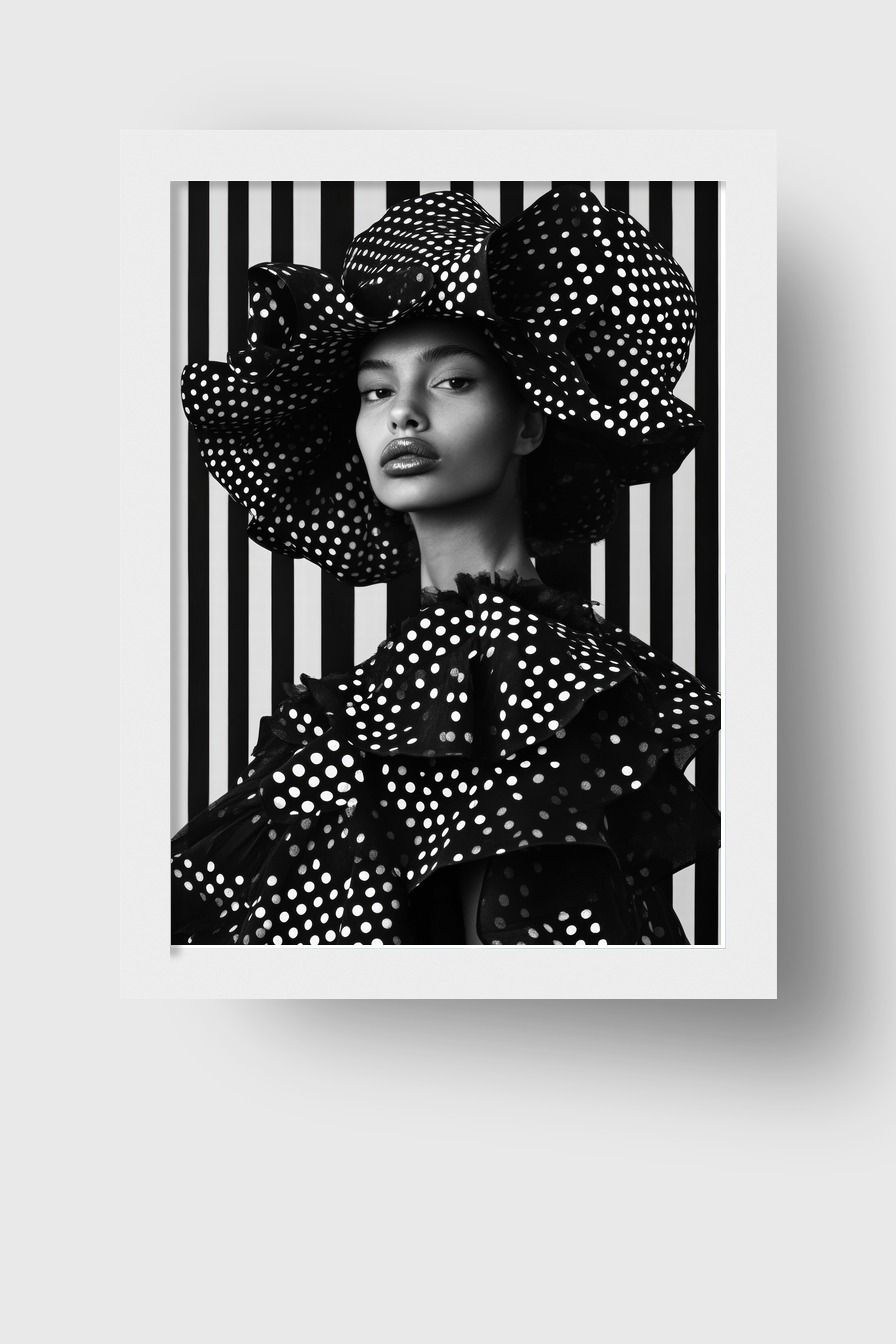 Schwarz-weiß Poster eines Frau-Porträts mit großem Tupfenhut und Tupfenkleidung vor gestreiftem Hintergrund, modischer Kunstdruck in Schwarz und Weiß