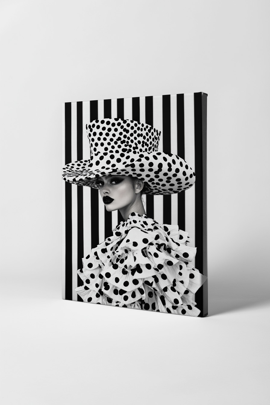 Schwarzweiß Poster einer Frau mit großem Tupfenhut und gepunkteter Kleidung vor gestreiftem Hintergrund, modisches Porträt in hoher Kontrastwirkung