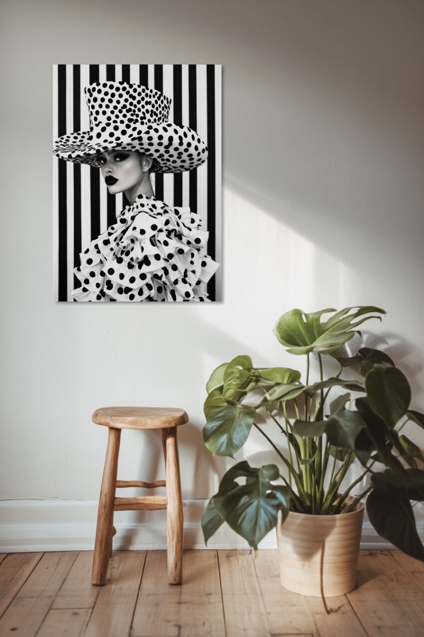 Schwarzweiß Poster einer Frau mit großem Tupfenhut und gepunkteter Kleidung vor gestreiftem Hintergrund, modisches Porträt in hoher Kontrastwirkung