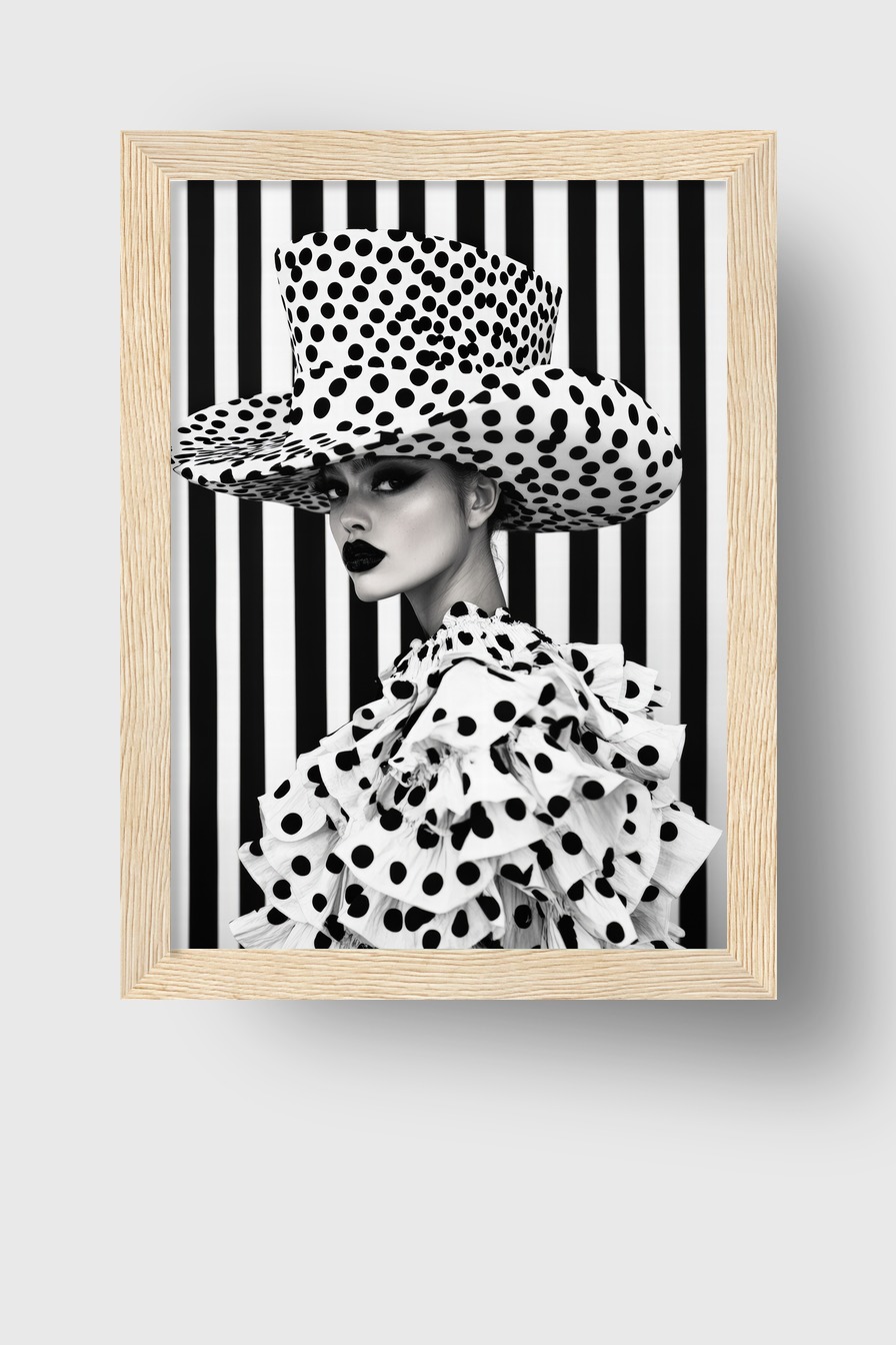 Schwarzweiß Poster einer Frau mit großem Tupfenhut und gepunkteter Kleidung vor gestreiftem Hintergrund, modisches Porträt in hoher Kontrastwirkung