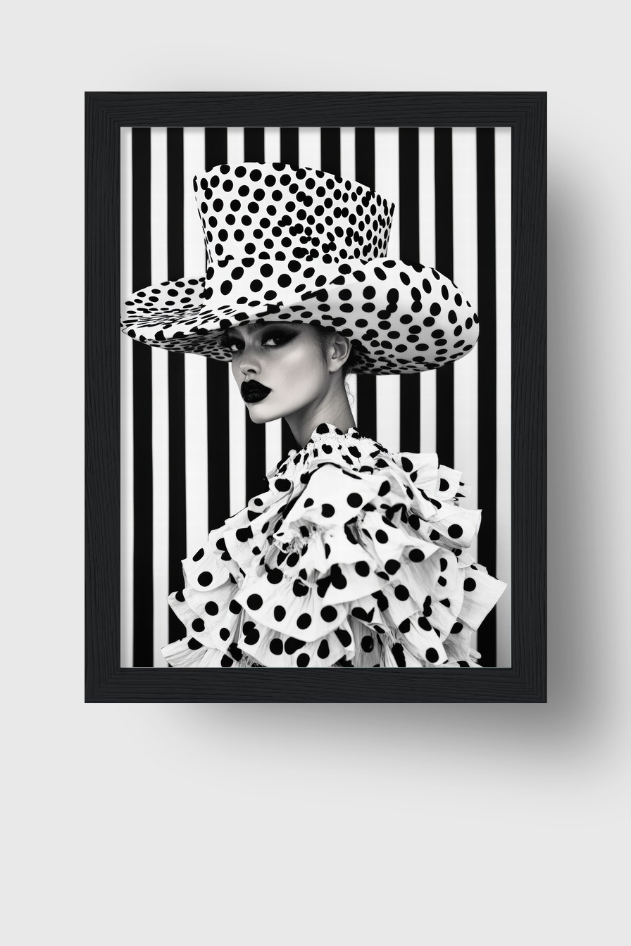 Schwarzweiß Poster einer Frau mit großem Tupfenhut und gepunkteter Kleidung vor gestreiftem Hintergrund, modisches Porträt in hoher Kontrastwirkung