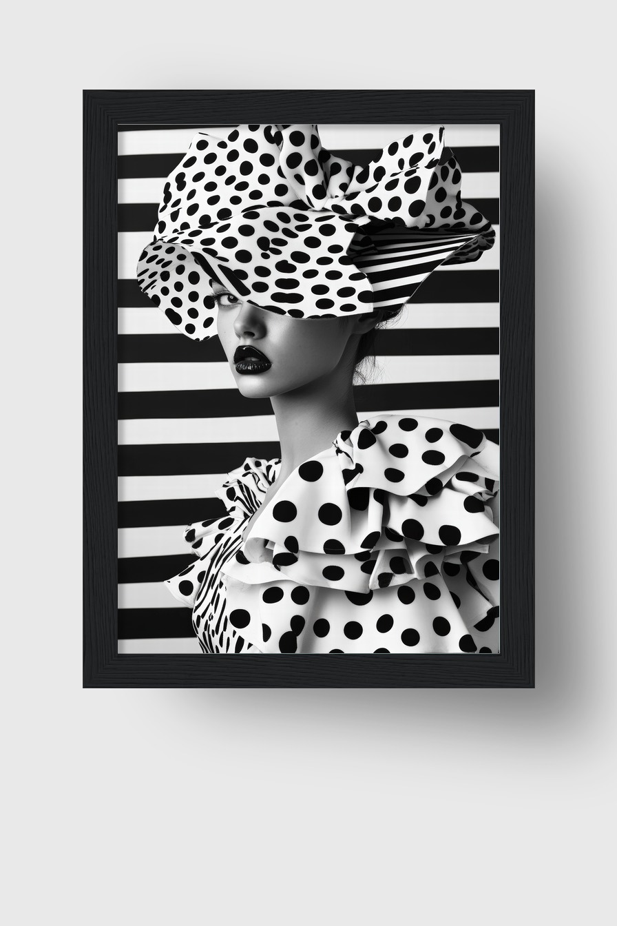 Schwarz Weiß Poster eines Frauenporträts mit großem Tupfenhut und Tupfenkleid vor gestreiftem Hintergrund, Modefotografie in hohem Kontrast