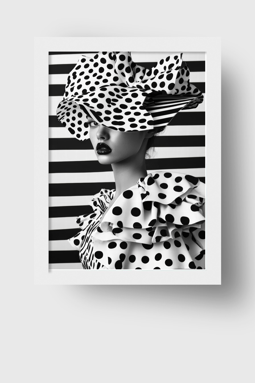 Schwarz Weiß Poster eines Frauenporträts mit großem Tupfenhut und Tupfenkleid vor gestreiftem Hintergrund, Modefotografie in hohem Kontrast