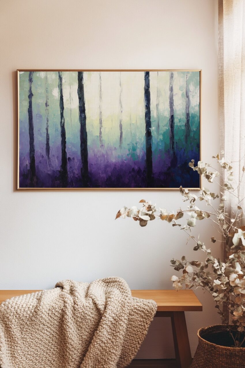 Poster mit nebligem Wald in violetten und blauen Tönen, ruhige Naturstimmung als Kunstdruck
