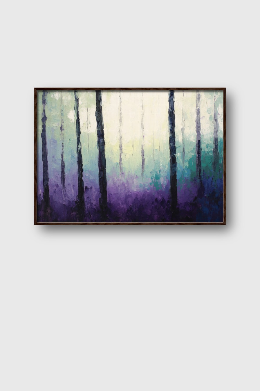 Poster mit nebligem Wald in violetten und blauen Tönen, ruhige Naturstimmung als Kunstdruck