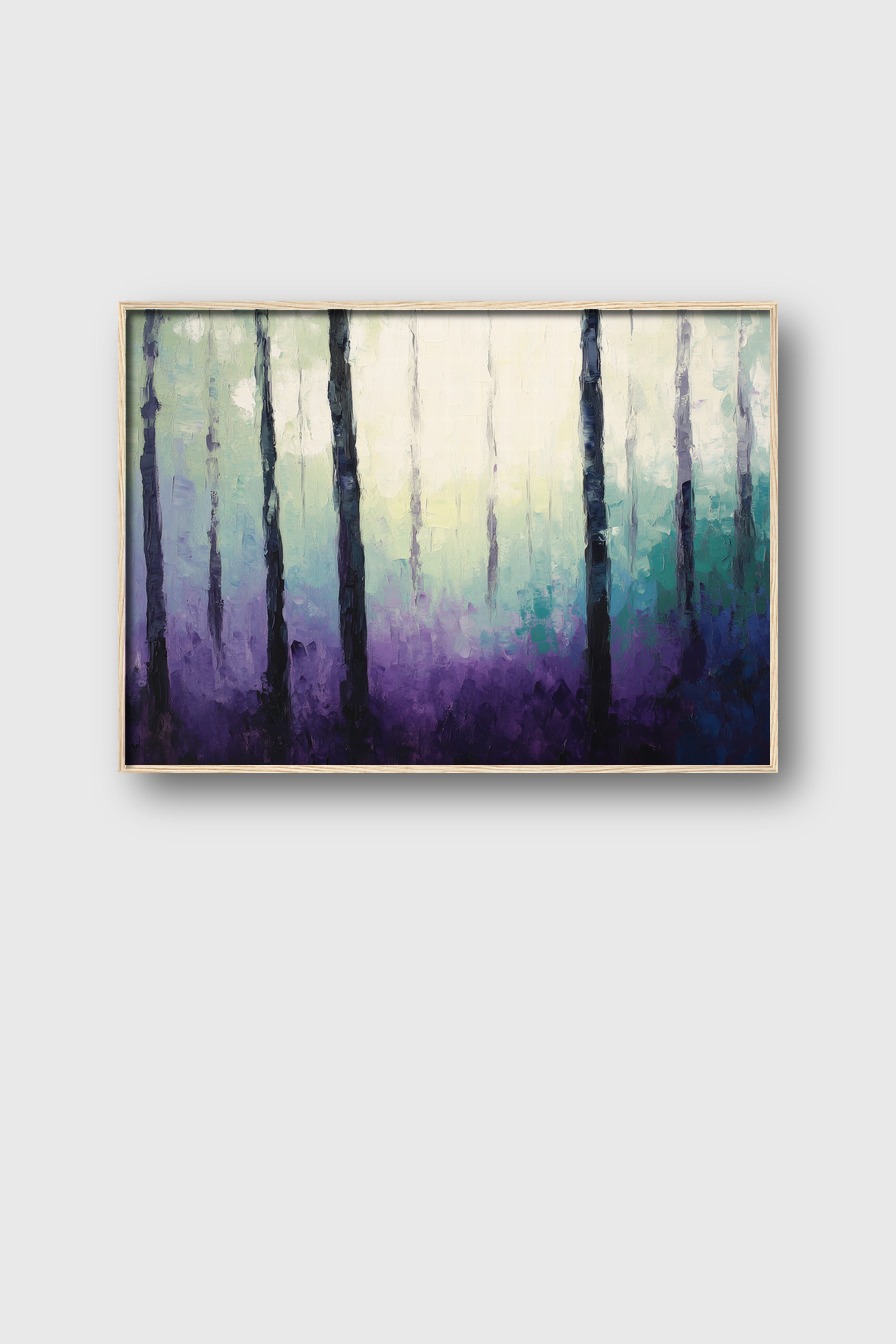 Poster mit nebligem Wald in violetten und blauen Tönen, ruhige Naturstimmung als Kunstdruck