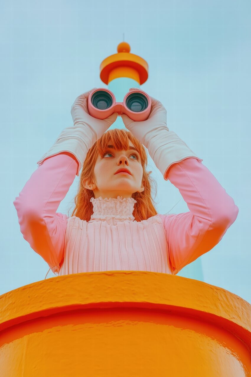 Poster mit einer Frau in rosa Kleid und weißem Spitzenkragen, die durch ein rosafarbenes Fernglas blickt, moderner Kunstdruck mit klarem Himmel im Hintergrund