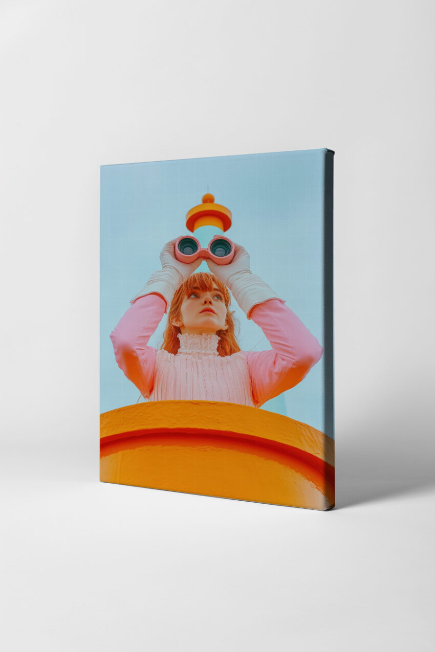 Poster mit einer Frau in rosa Kleid und weißem Spitzenkragen, die durch ein rosafarbenes Fernglas blickt, moderner Kunstdruck mit klarem Himmel im Hintergrund