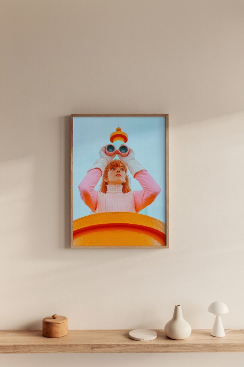 Poster mit einer Frau in rosa Kleid und weißem Spitzenkragen, die durch ein rosafarbenes Fernglas blickt, moderner Kunstdruck mit klarem Himmel im Hintergrund