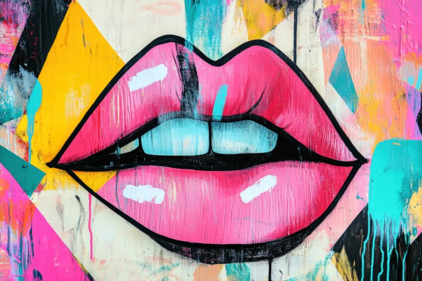 Pop Art Poster mit stilisierten pinken Lippen vor buntem abstraktem Hintergrund in leuchtenden Farben, grafischer Kunstdruck