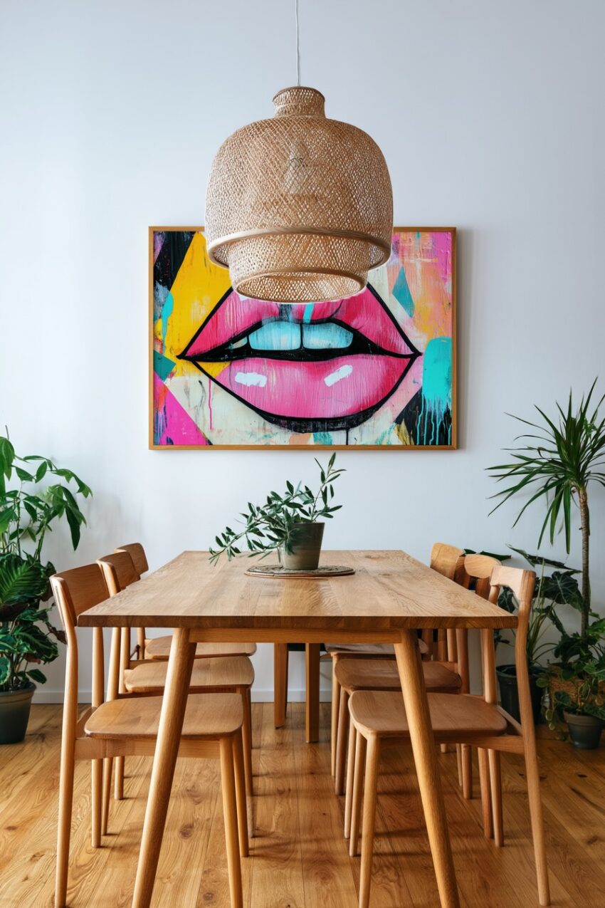 Pop Art Poster mit stilisierten pinken Lippen vor buntem abstraktem Hintergrund in leuchtenden Farben, grafischer Kunstdruck