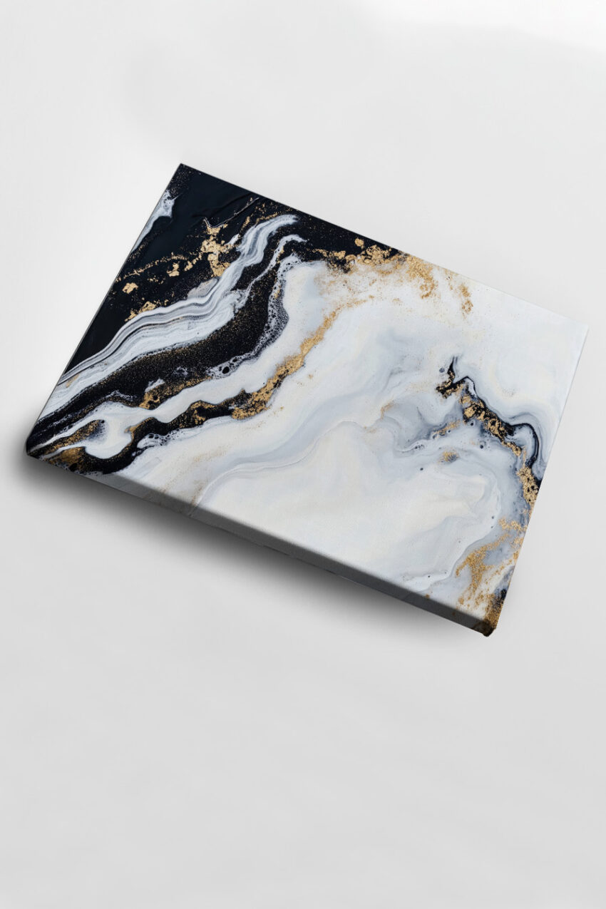 Abstrakter Marmor Kunstdruck mit schwarzen, weißen und goldfarbenen Strukturen, Poster mit minimalistischer Farbgestaltung