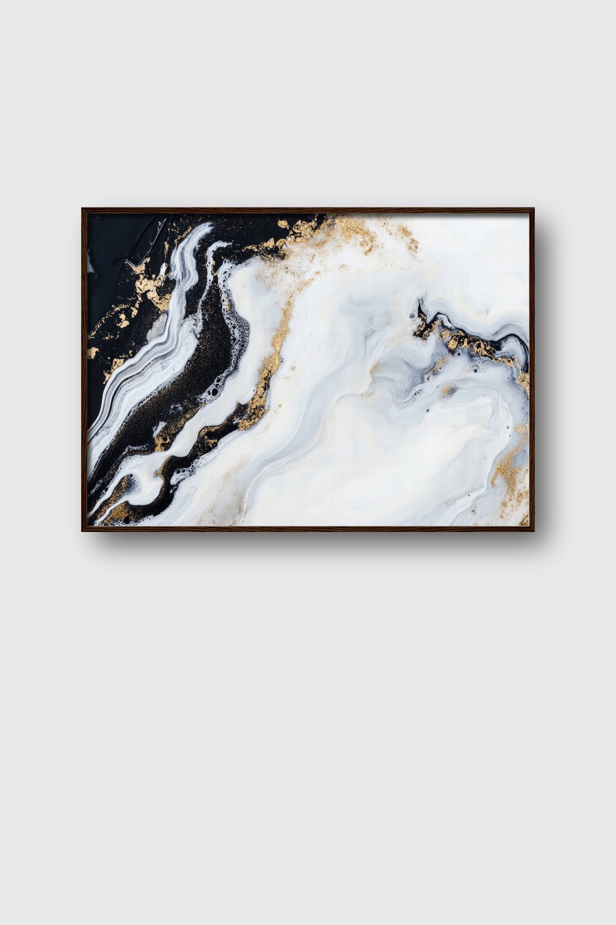 Abstrakter Marmor Kunstdruck mit schwarzen, weißen und goldfarbenen Strukturen, Poster mit minimalistischer Farbgestaltung