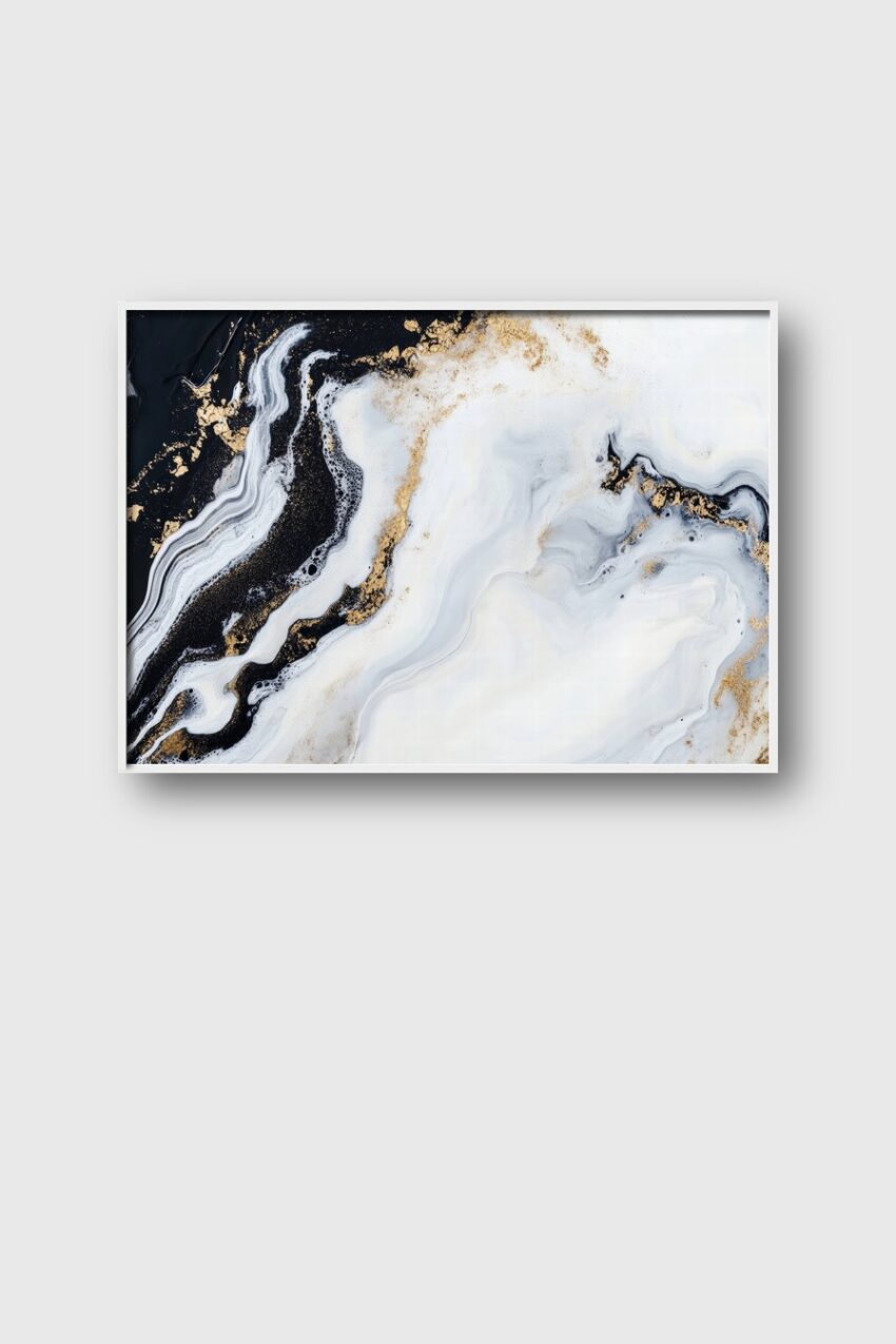 Abstrakter Marmor Kunstdruck mit schwarzen, weißen und goldfarbenen Strukturen, Poster mit minimalistischer Farbgestaltung