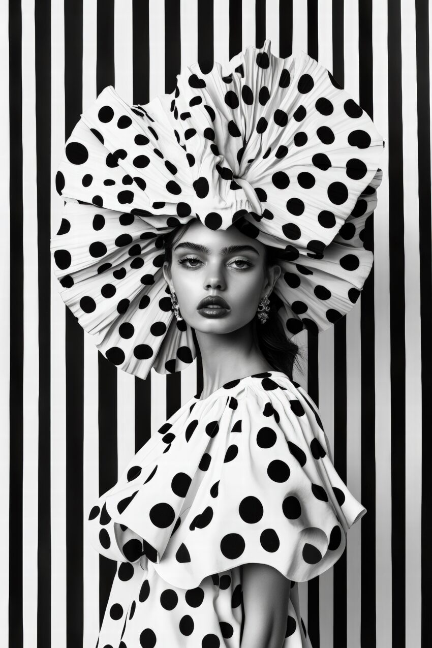 Schwarz Weiß Poster mit Frau im dramatischen Tupfenhut und Kleid, kontrastreich und modisch