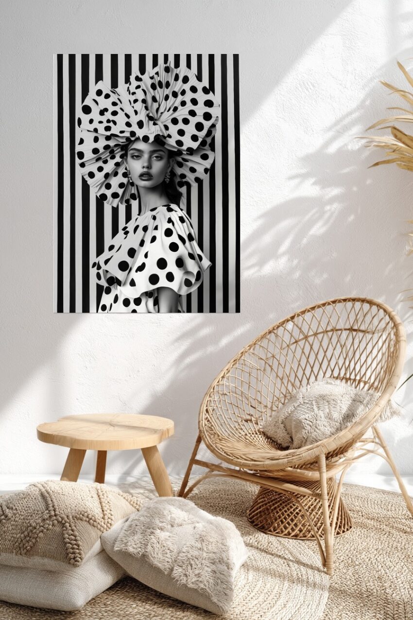 Schwarz Weiß Poster mit Frau im dramatischen Tupfenhut und Kleid, kontrastreich und modisch