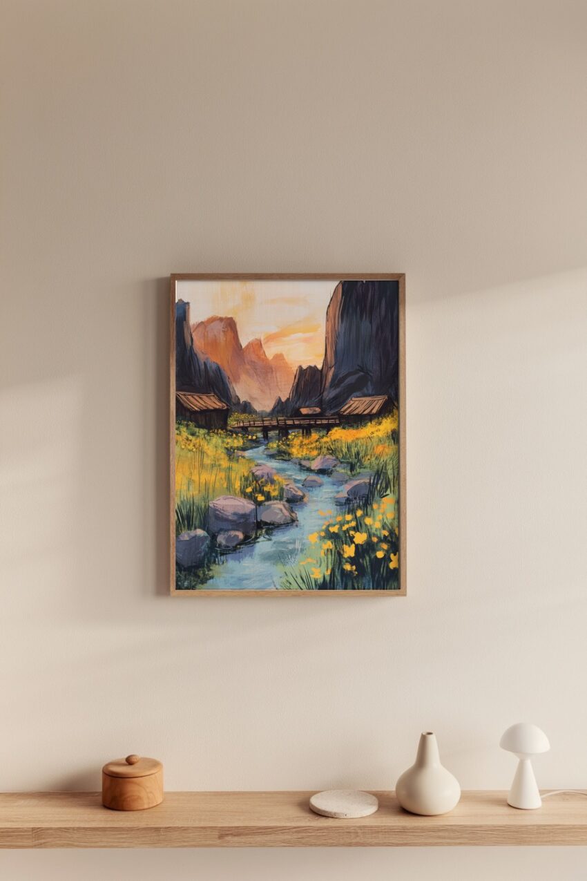Gemälde eines Bergtals mit Bach, gelben Blumen und kleinen Hütten im warmen Abendlicht, ruhiger Landschaftskunstdruck als Poster