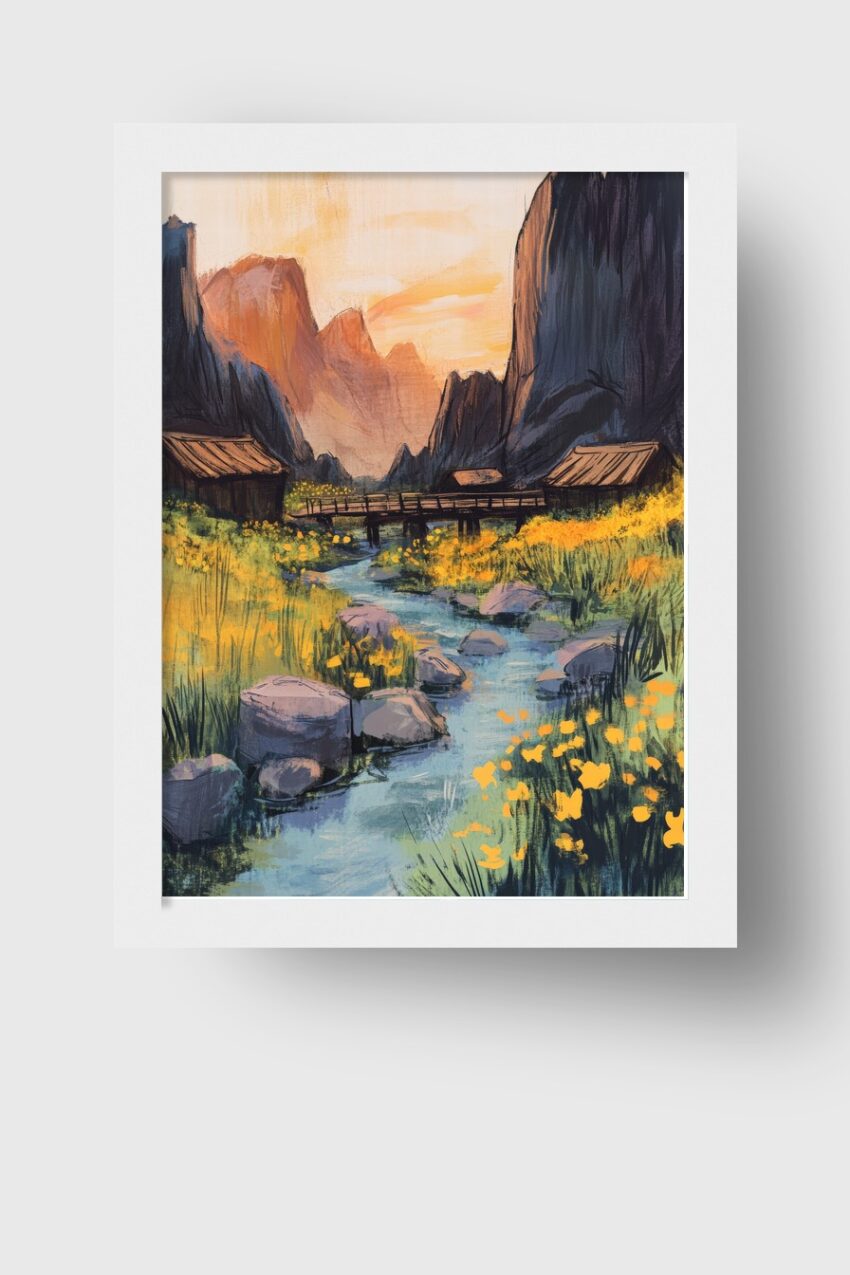 Gemälde eines Bergtals mit Bach, gelben Blumen und kleinen Hütten im warmen Abendlicht, ruhiger Landschaftskunstdruck als Poster
