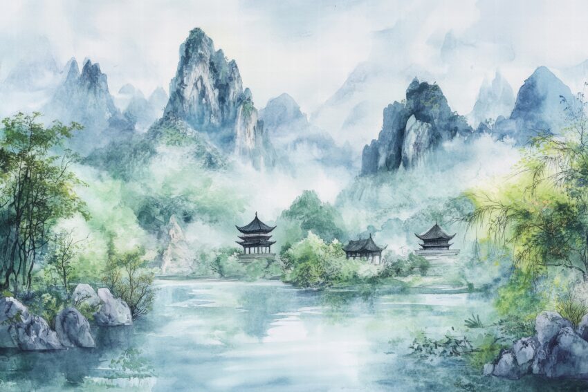 Wasserfarben Poster einer nebligen Berglandschaft mit traditionellen Pagoden am Ufer, ruhiger asiatischer Kunstdruck in Grüntönen und Blautönen