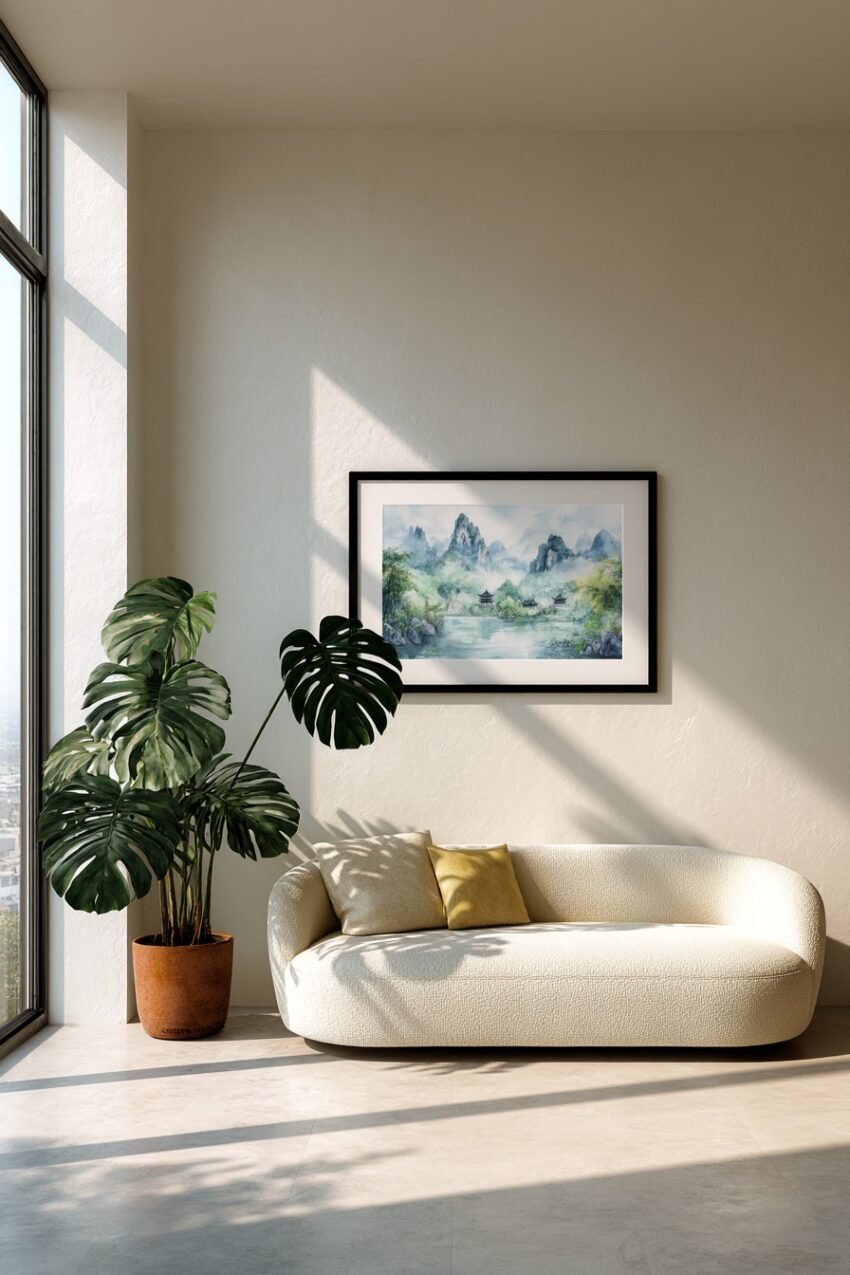 Wasserfarben Poster einer nebligen Berglandschaft mit traditionellen Pagoden am Ufer, ruhiger asiatischer Kunstdruck in Grüntönen und Blautönen