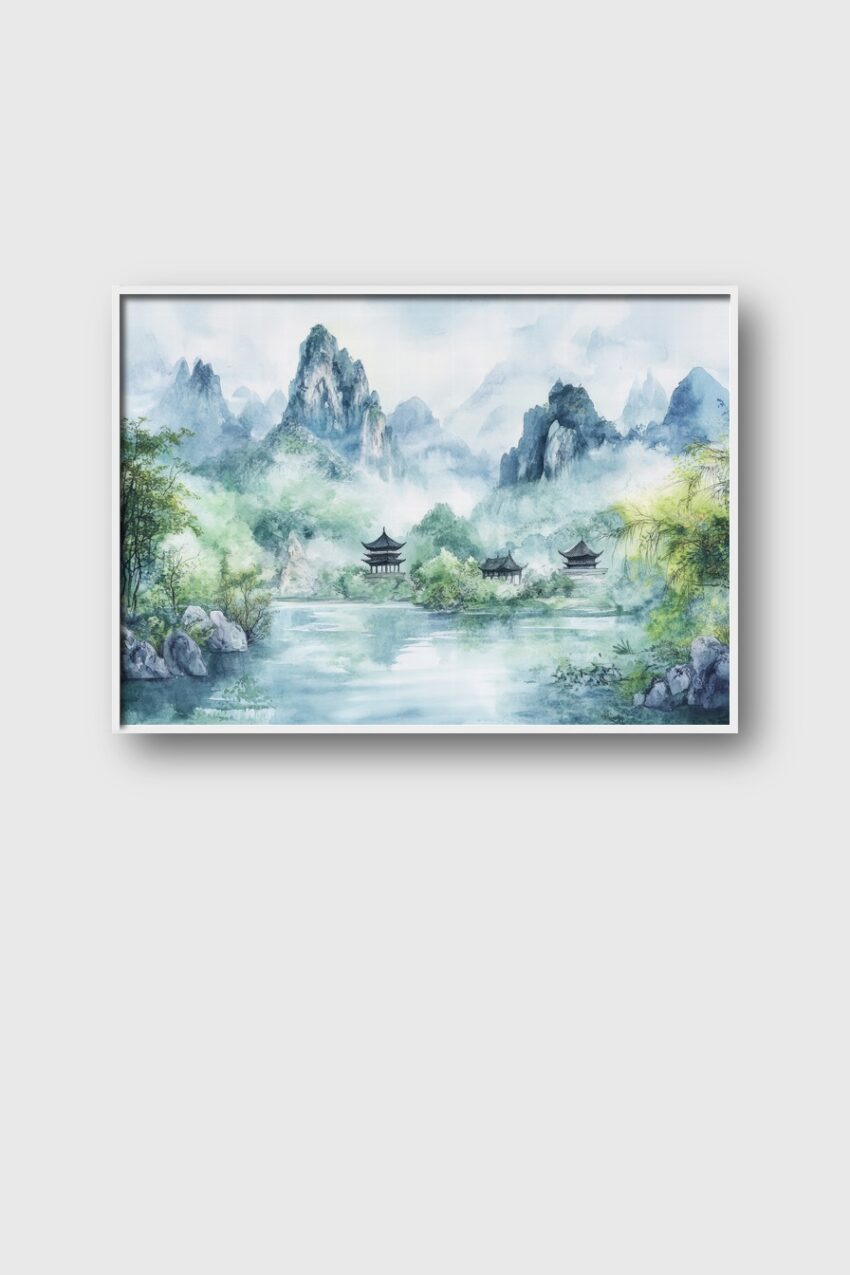 Wasserfarben Poster einer nebligen Berglandschaft mit traditionellen Pagoden am Ufer, ruhiger asiatischer Kunstdruck in Grüntönen und Blautönen
