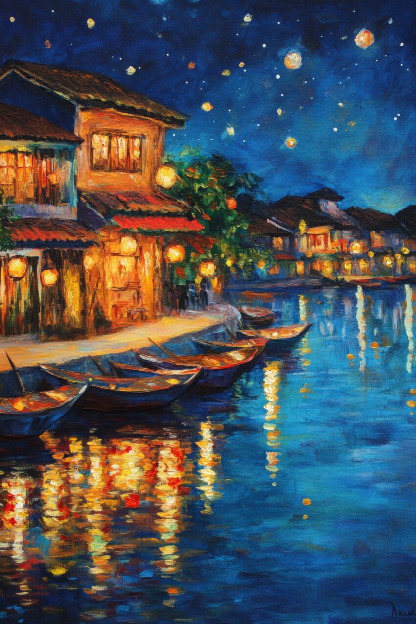 Kunstdruck mit nächtlicher Flussuferstraße, beleuchteten Häusern und Booten, die sich im Wasser spiegeln, in warmen Gelb- und Blautönen