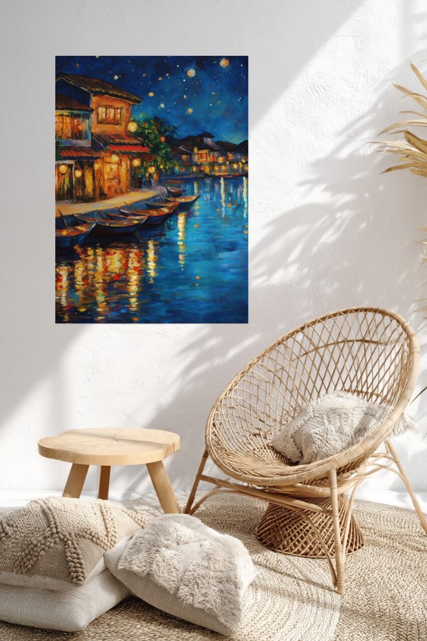 Kunstdruck mit nächtlicher Flussuferstraße, beleuchteten Häusern und Booten, die sich im Wasser spiegeln, in warmen Gelb- und Blautönen