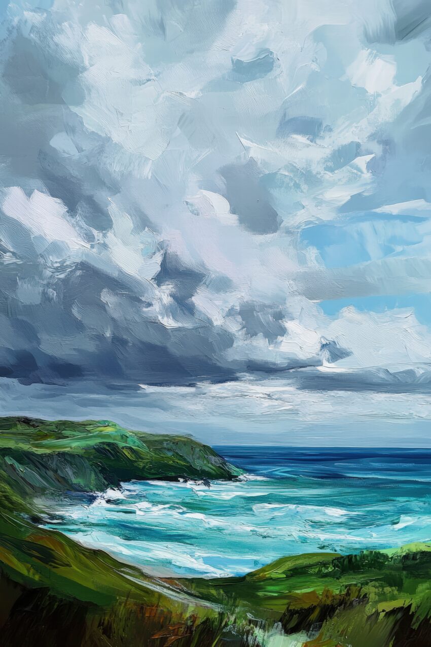 Malerei Poster einer stürmischen Küstenlandschaft mit grünen Klippen, aufgewühltem Meer und dramatischem Wolkenhimmel in Blau- und Grüntönen