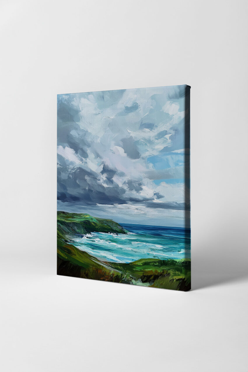 Malerei Poster einer stürmischen Küstenlandschaft mit grünen Klippen, aufgewühltem Meer und dramatischem Wolkenhimmel in Blau- und Grüntönen