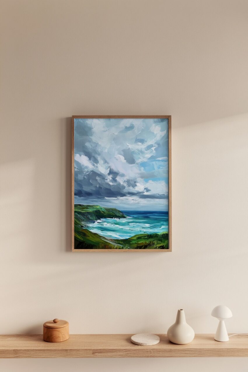 Malerei Poster einer stürmischen Küstenlandschaft mit grünen Klippen, aufgewühltem Meer und dramatischem Wolkenhimmel in Blau- und Grüntönen