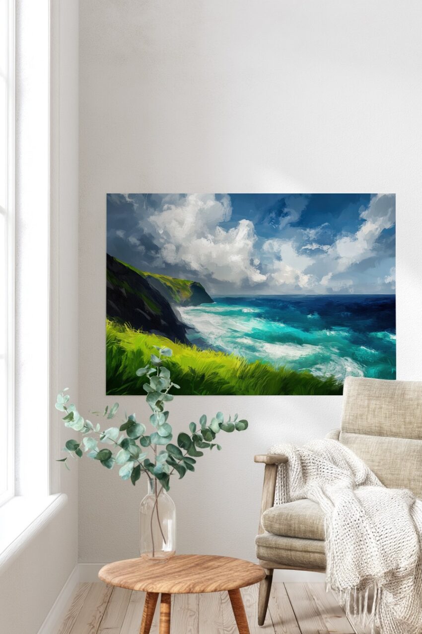 Poster mit Küstenlandschaft, grünen Klippen und blauem Meer unter bewölktem Himmel, impressionistischer Kunstdruck in kräftigen Blau- und Grüntönen