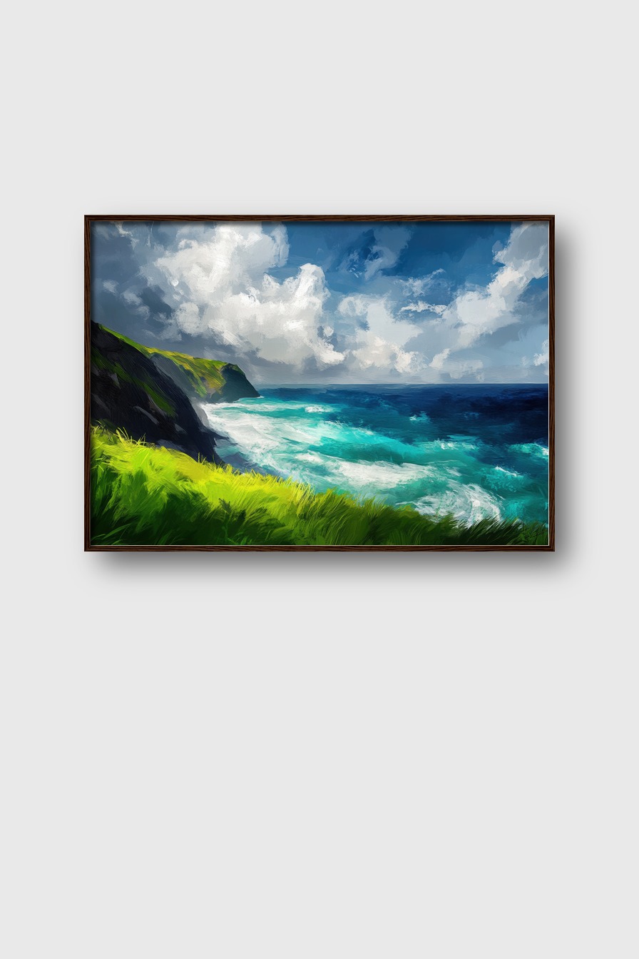 Poster mit Küstenlandschaft, grünen Klippen und blauem Meer unter bewölktem Himmel, impressionistischer Kunstdruck in kräftigen Blau- und Grüntönen