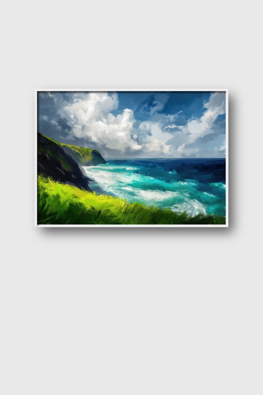 Poster mit Küstenlandschaft, grünen Klippen und blauem Meer unter bewölktem Himmel, impressionistischer Kunstdruck in kräftigen Blau- und Grüntönen