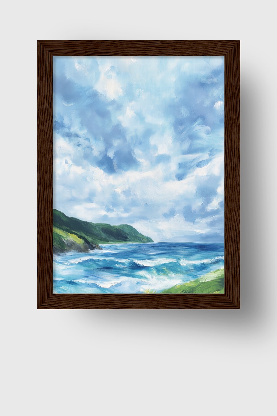Poster mit einer gemalten Küstenlandschaft, Wellen brechen am grünen Ufer unter blauem Himmel mit Wolken, maritimer Kunstdruck
