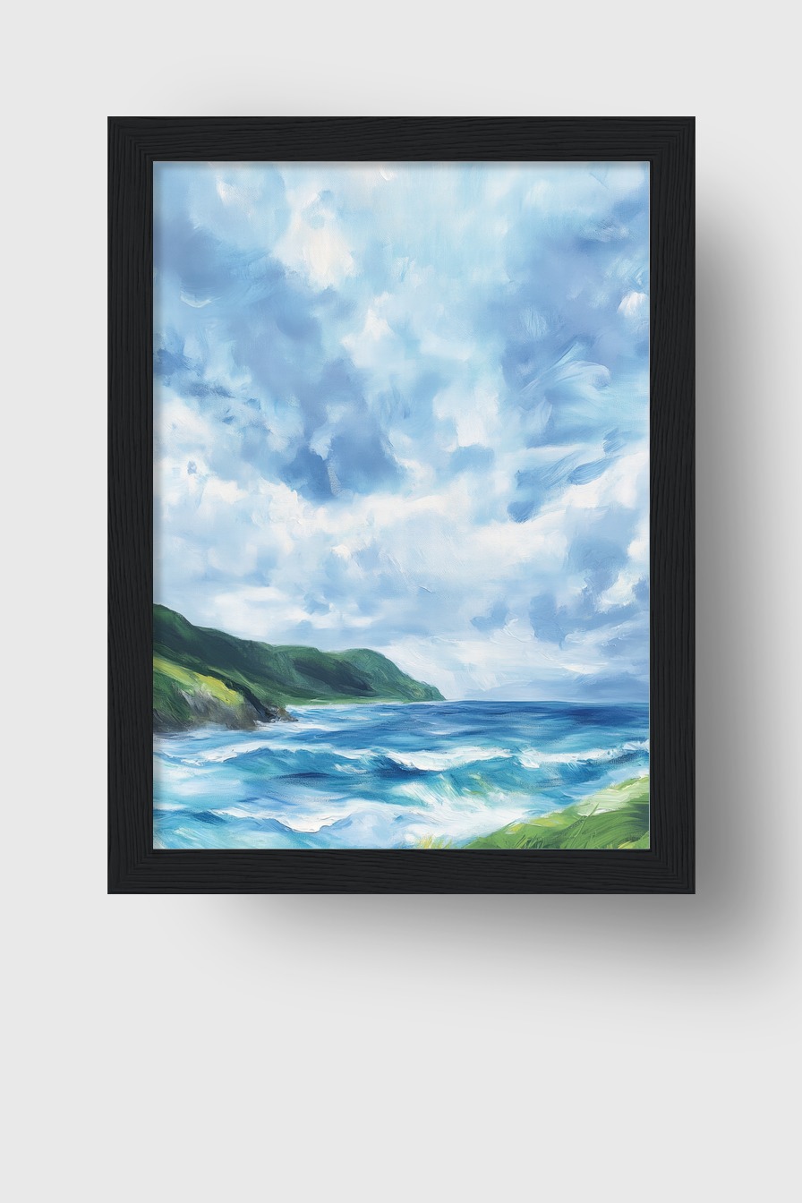 Poster mit einer gemalten Küstenlandschaft, Wellen brechen am grünen Ufer unter blauem Himmel mit Wolken, maritimer Kunstdruck